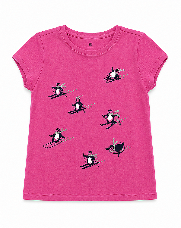 Camiseta Infantil Manga Curta, Rosa Estampa Pinguins, Gap
