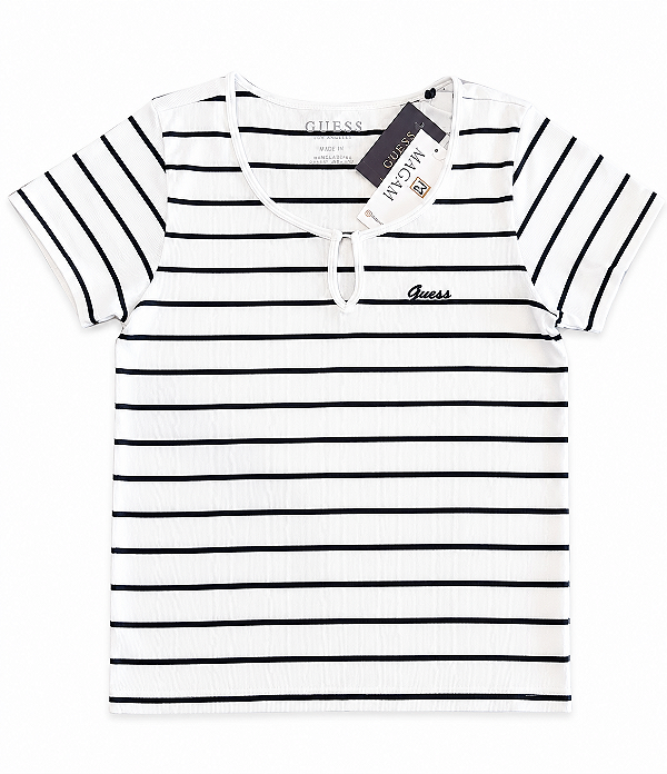 Blusa Feminina Decote Gota, Branca Listras, Guess