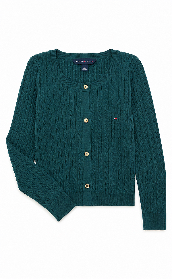 Cardigan Feminino Tricot Trançado, Verde Petróleo, Tommy Hilfiger