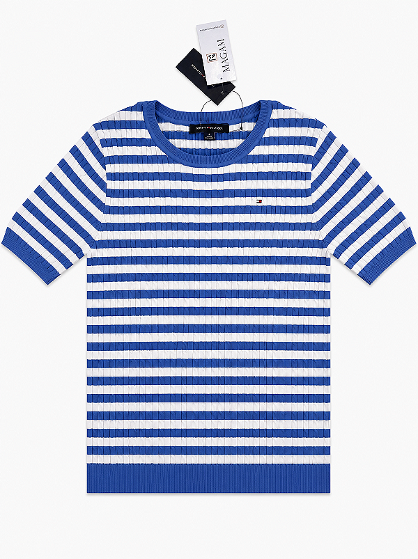Suéter Feminino Tricot Manga Curta, Listras Azul e Branco, Tommy Hilfiger