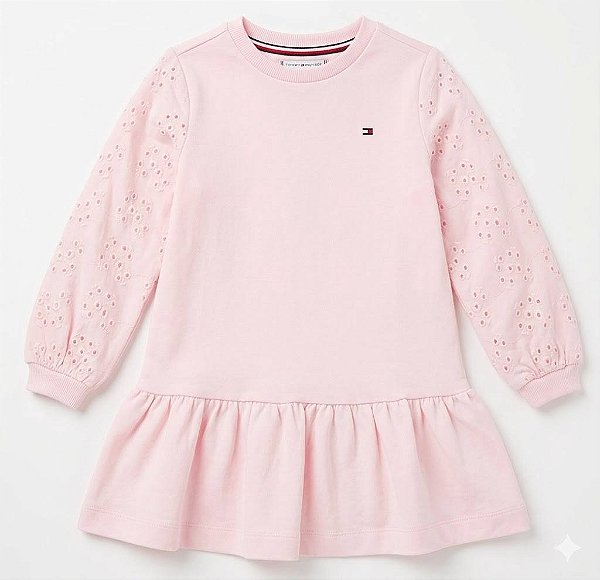 Vestido Infantil Moletinho com Manga em Laise, Rosa, Tommy Hilfiger