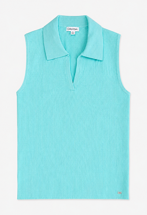 Blusa Regata Feminina Canelada, Gola Polo, Verde Água, Calvin Klein