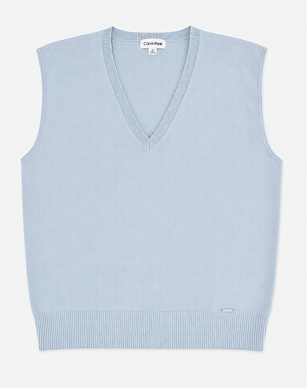 Colete Feminino Tricot Decote V, Azul Claro, Calvin Klein