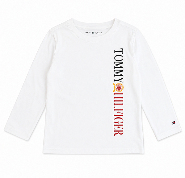 Camiseta Infantil Manga Longa, Logo Vertical, Branca, Tommy Hilfiger