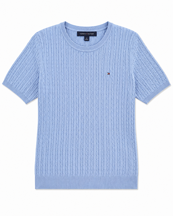 Suéter Feminino Tricot Trançado Manga Curta, Azul Claro, Tommy Hilfiger