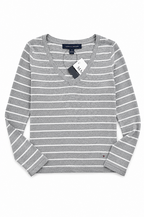 Suéter Feminino Algodão, Gola V, Cinza Listras, Tommy Hilfiger