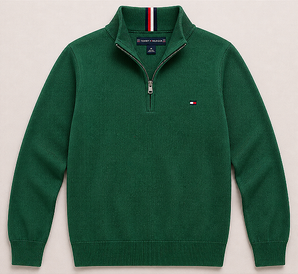 Suéter Masculino Meio Zíper, Gola Alta, Verde, Tommy Hilfiger