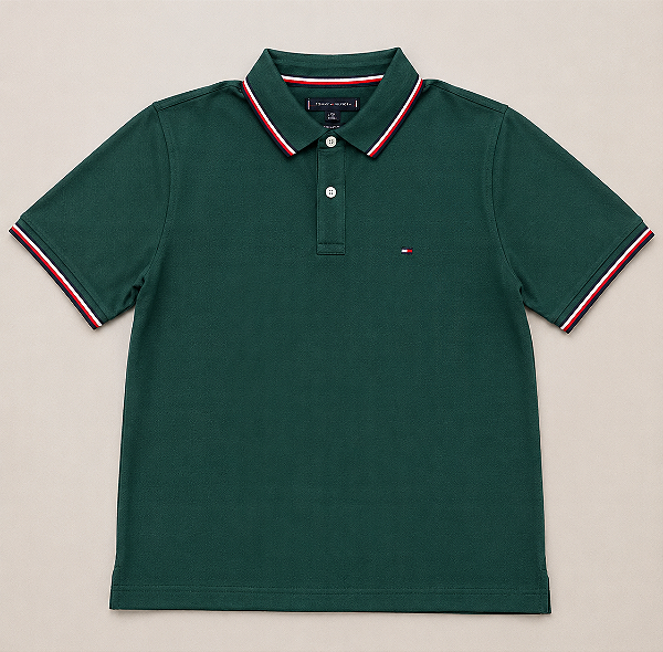 Camiseta Polo Masculina, Verde Escuro com Detalhe Tricolor, Tomm y Hilfiger