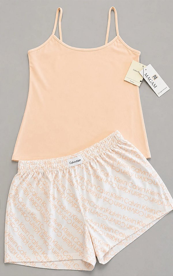 Conjunto Pijama Feminino, Pêssego e Branco, Calvin Klein