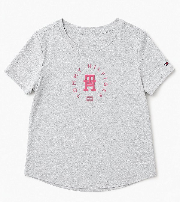 Camiseta Infantil, Cinza Mescla com Logo Rosa, Tommy Hilfiger