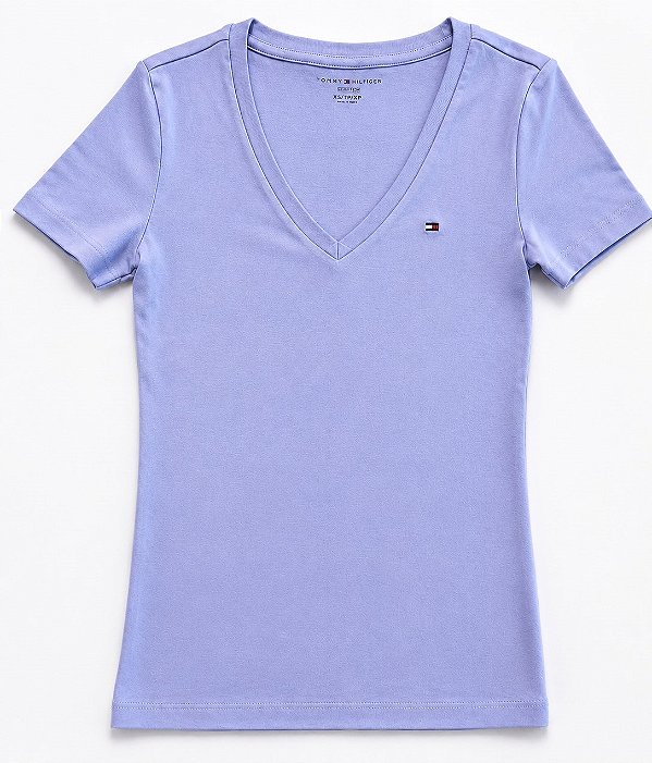 Camiseta Feminina com Decote V, Lilás com Logo, Tommy Hilfiger