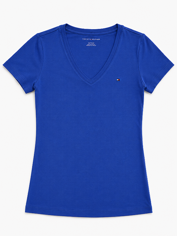 Camiseta Feminina com Decote V, Azul Royal com Logo, Tommy Hilfiger