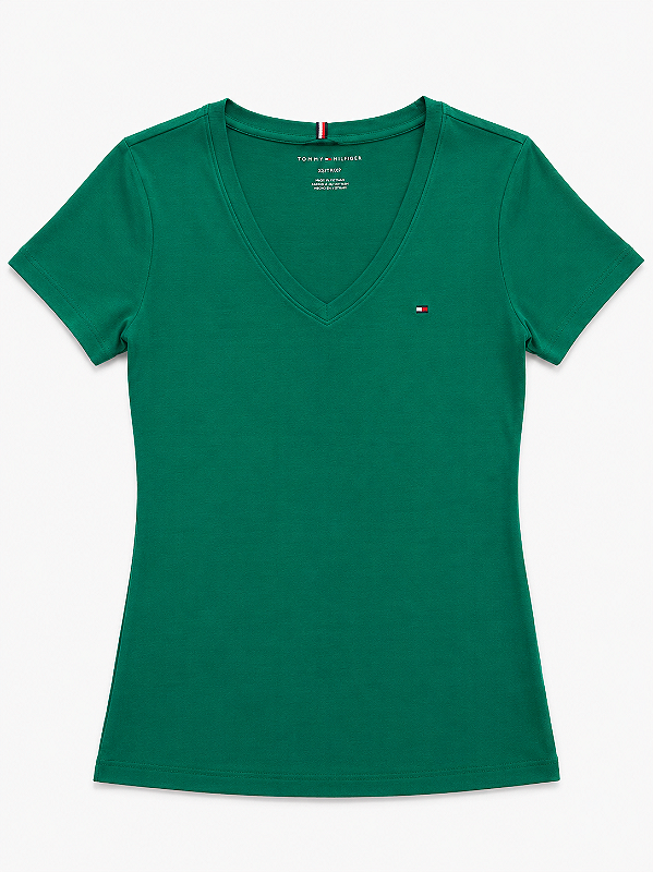 Camiseta Feminina com Decote V, Verde Esmeralda com Logo, Tommy Hilfiger