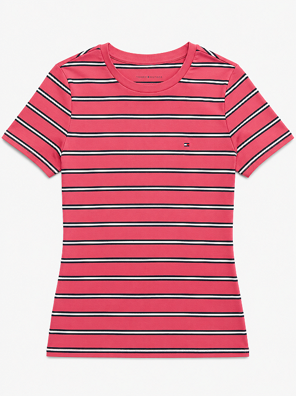 Camiseta Feminina, Rosa Listras com Logo, Tommy Hilfiger