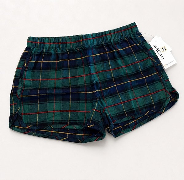Short Pijama Feminino Flanelado, Xadrez Verde e Azul, Gap