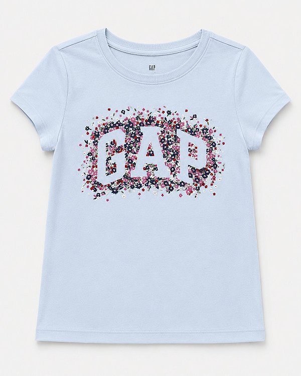 Camiseta Infantil Manga Curta, Azul Claro com Logo Floral, Gap
