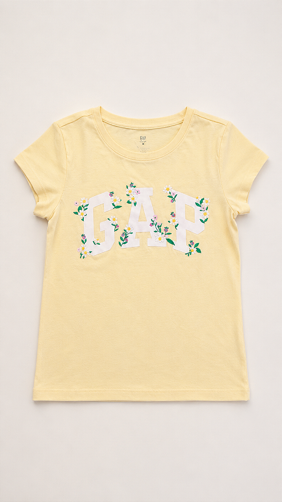 Camiseta Infantil Manga Curta, Amarelo Claro com Logo Floral, Gap