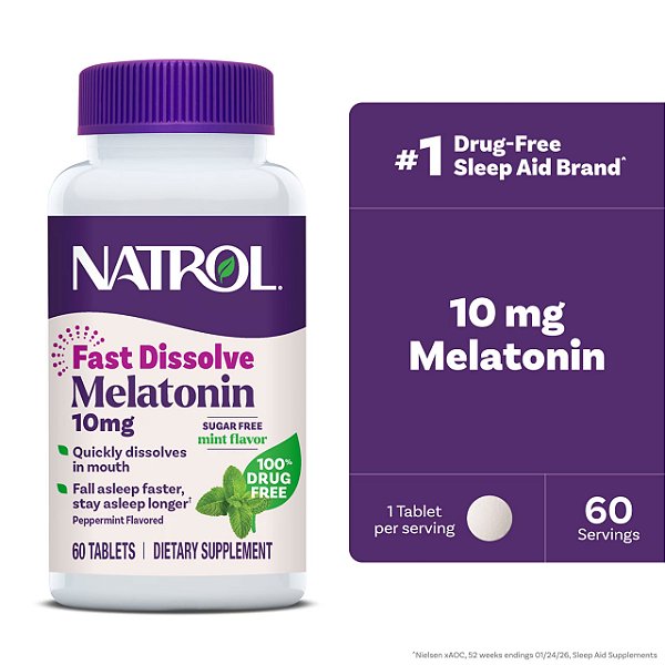 Melatonina, 10 mg, Dissolução Rápida, Sem Açúcar, Sabor Menta, 60 Tabletes, Natrol