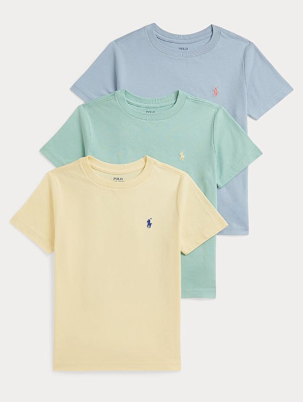 Kit com 3 Camisetas Logo Infantil, Amarela, Azul e Verde, Polo Ralph Lauren