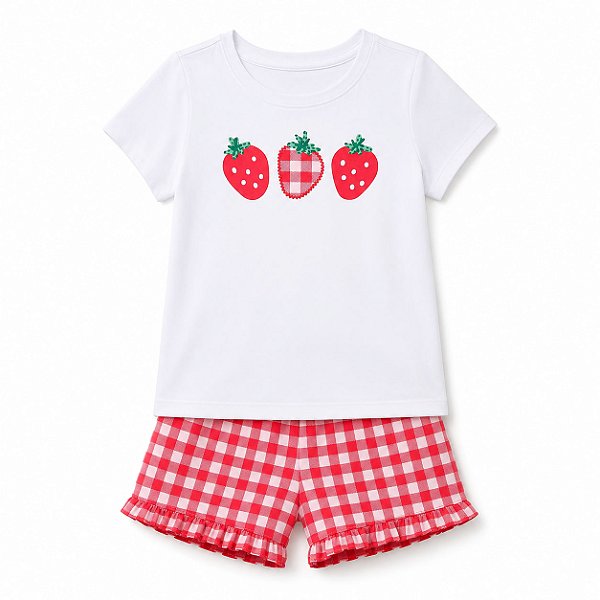 Conjunto Infantil Camiseta e Short, Estampa de Xadrez com Morango, Wonder Nation