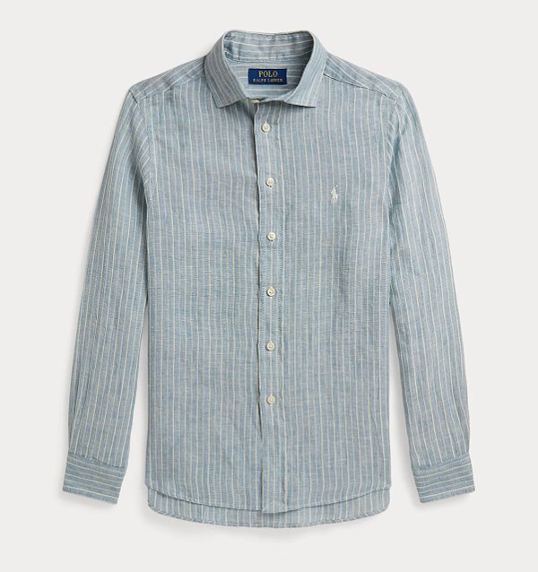 Camisa Manga Longa Infantil, Linho, Listras Azul e Creme, Polo Ralph Lauren
