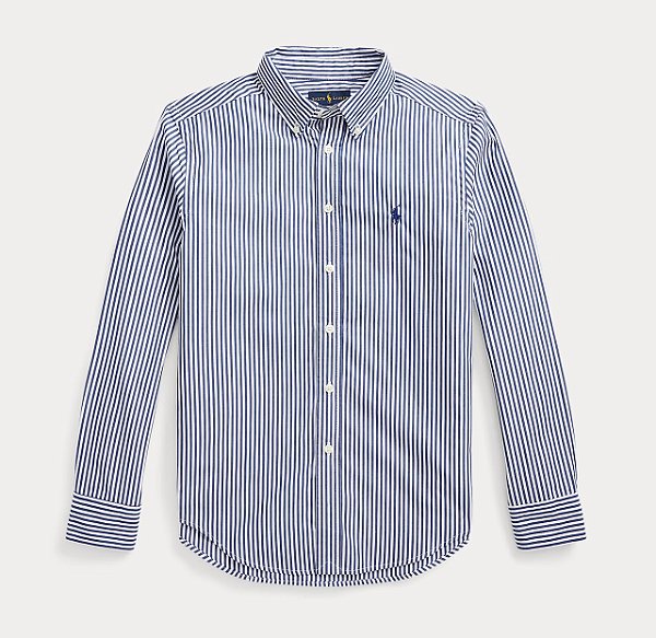 Camisa Manga Longa Infantil, Algodão Popeline, Listras Azul e Branca, Polo Ralph Lauren