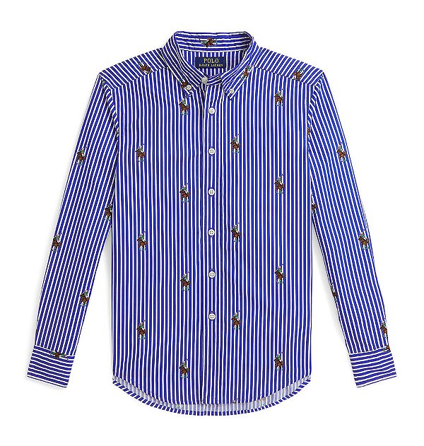 Camisa Manga Longa Infantil, Algodão Popeline, Listras Estampa Polo Bear, Polo Ralph Lauren
