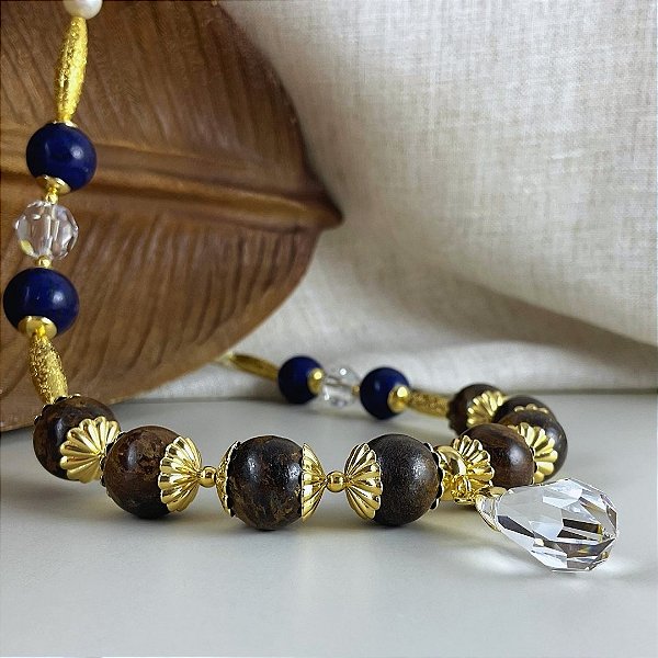 Colar bronzita , lápis lazuli, pérolas barrocas e cristais austríacos. Peça única