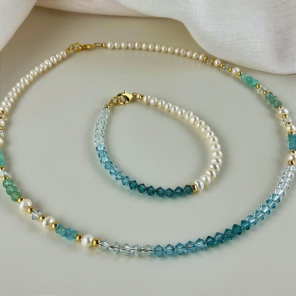 Conjunto de pulseira e gargantilha , azul degradê.