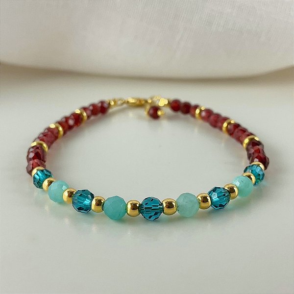 Pulseira granada, amazonita e cristais austríacos.