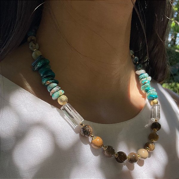 Colar Caravanas de Kharga ( hauynita, crisocola e quartzo Rocha )