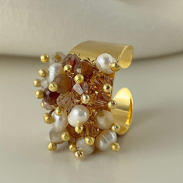 Anel “Dourados de Amarna” ( quartzo rutilo, safira amarela e pérolas )