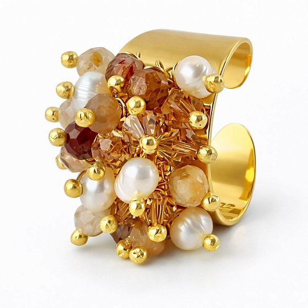 Anel “Dourados de Amarna” ( quartzo rutilo, safira amarela e pérolas )