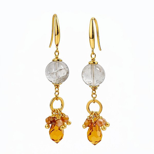 Brincos “Âmbar de Tebas” ( quartzo rutilo e cristal austríaco )