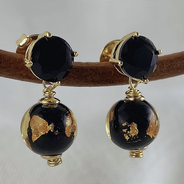 Brincos “Oro Nero” ( murano e pedra zircônia )