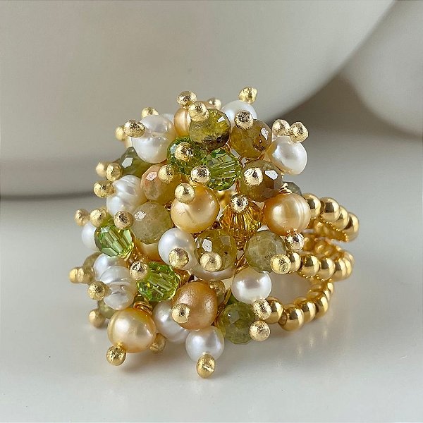 Anel Delizia Al Limone ( granada grossular, pérolas e cristais )