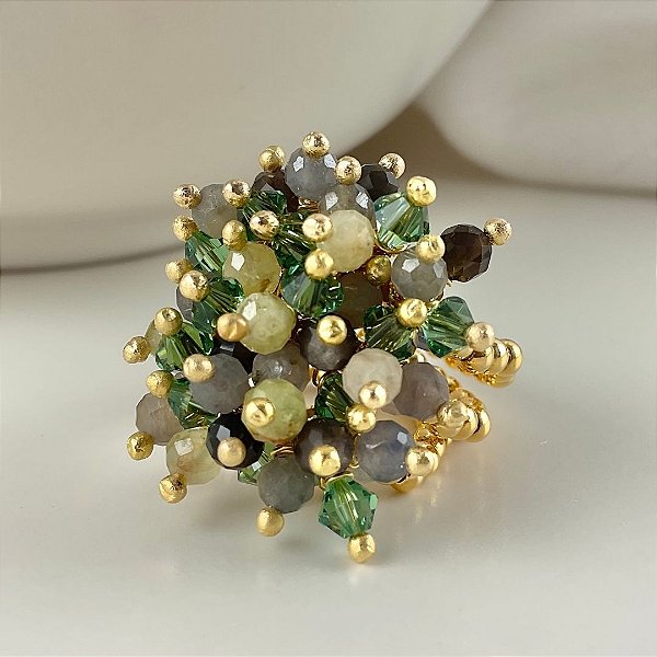 Anel “Vento Di Positano” ( Granada grossular, safira , obsidiana)