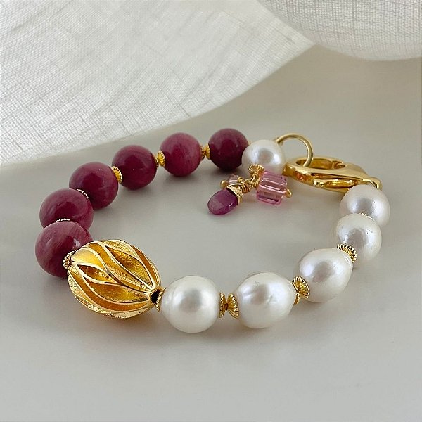 Pulseira “ Villa Delle Rose “ ( Rodocrosita e pérolas )