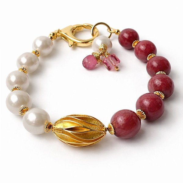 Pulseira “ Villa Delle Rose “ ( Rodocrosita e pérolas )