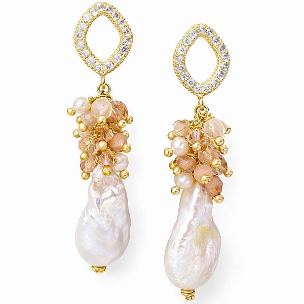 Brincos “ Via Lysis “ ( pedra da lua, quartzo rutilo e pérolas barrocas )