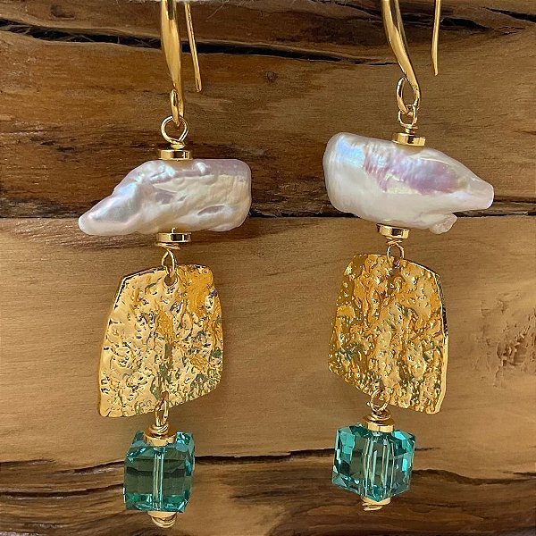 Brincos Scoglio Turchese ( pérola barroca e cristal austríaco)