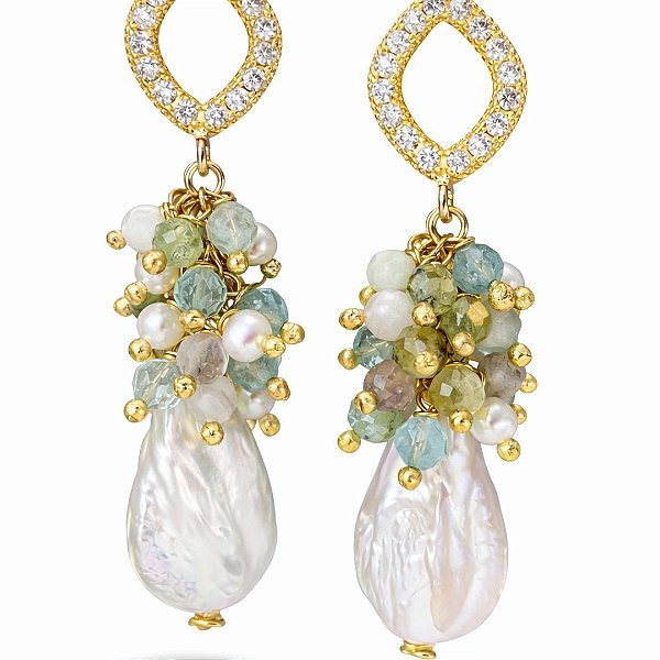 Brincos Gocce di Azzurra ( granada grossular , água marinha )