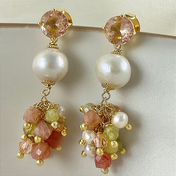 Brincos Crema di Limone ( pedra da lua , granada grossular )