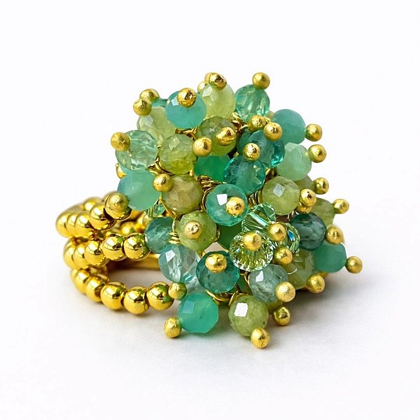 Anel Onda di Smeraldo ( apatita, granada grossular e amazonita )