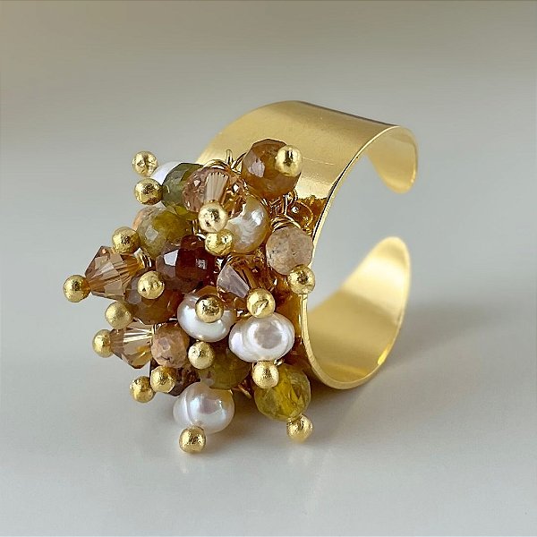 Anel Solle della Costiera ( safira amarela, granada grossular, ágata de renda )