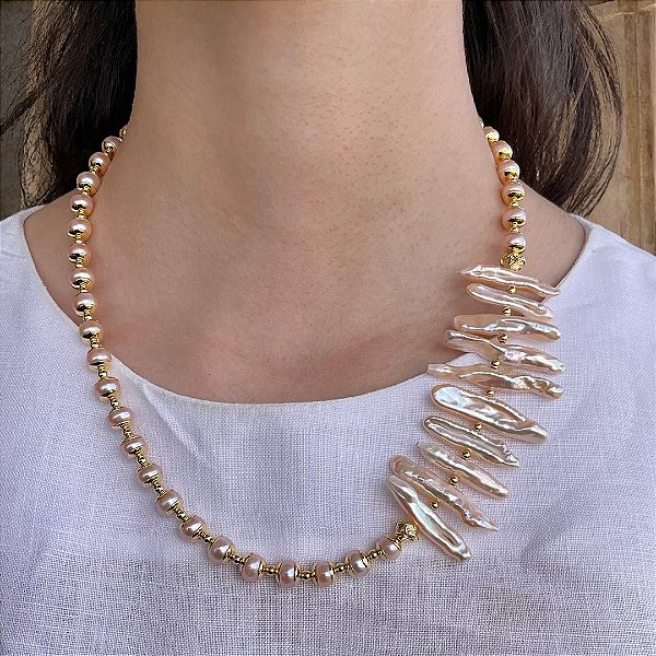 Colar Palazzo Avino Rosé ( pérolas barrocas Biwa rosadas )