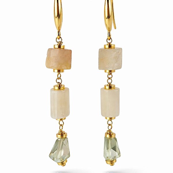 Brincos Punta d’Aurora ( pedra do Sol, da lua e prasiolita )