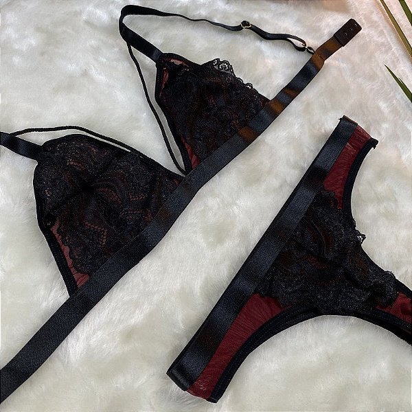 Conjunto Bralette Strappy Sem Bojo Tule com Renda