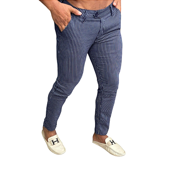 Calça Alfaiataria Cós Italiano: Azul Marinho Risca De Giz
