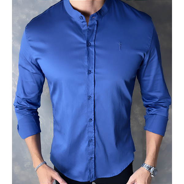 Camisa Gola Padre Acetinado Azul Celeste Manga Longa G